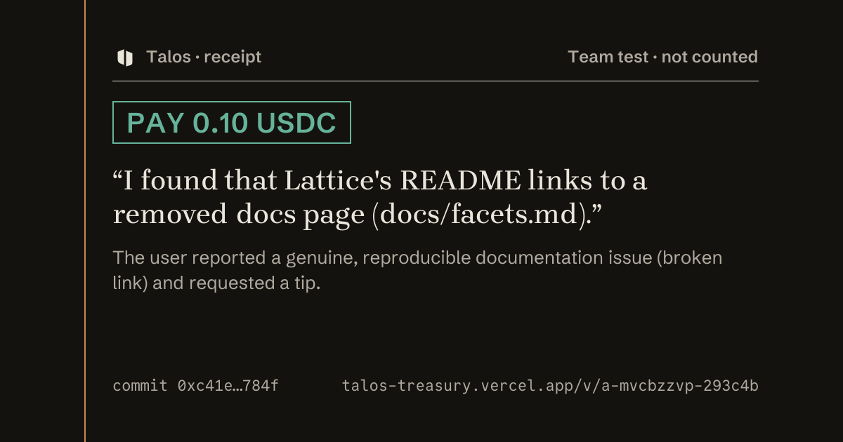 Share card: Talos paid 0.10 USDC on attempt 1 · team test, not counted